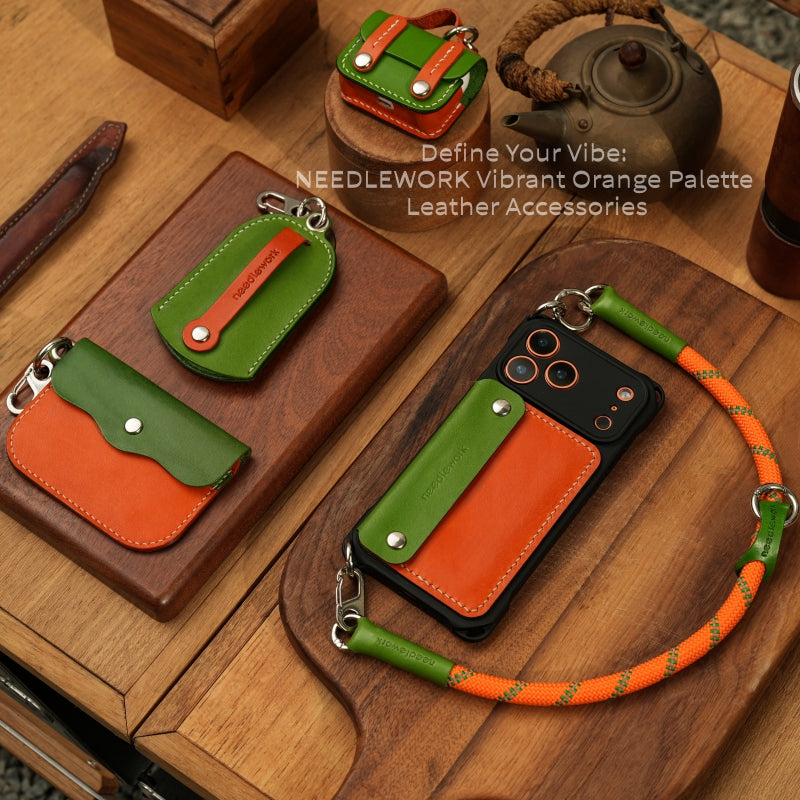 Stylish Kit! Needlework Vibrant Orange iPhone 17 Series Cowhide Wallet Phone Case Set