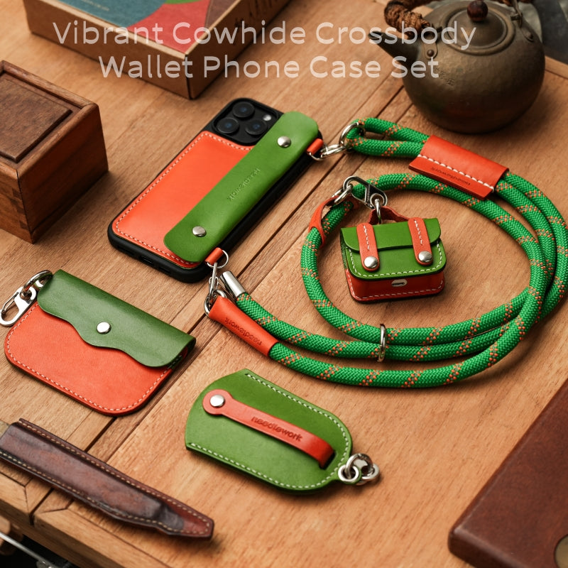 Stylish Kit! Needlework Vibrant Orange iPhone 11-16 Series Wallet Phone Case Set