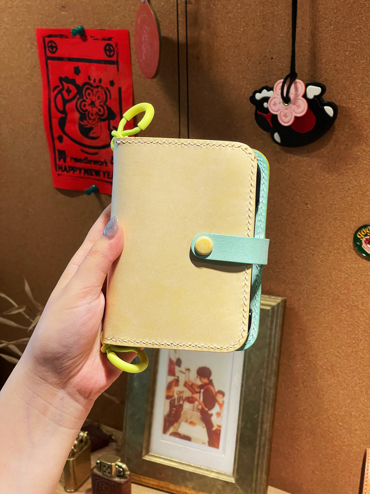 Hand-Stitched Italian Leather Wallet for iPhone Duo, Mint Green and Yellow