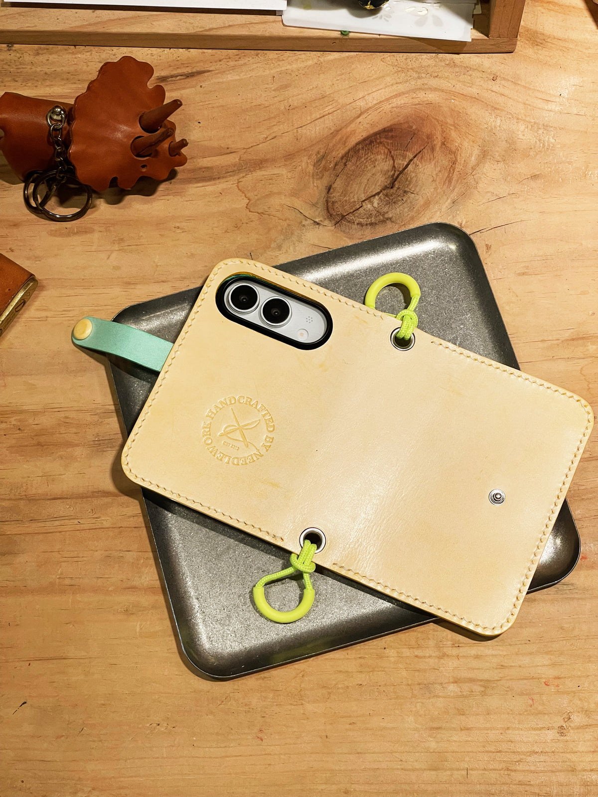 Hand-Stitched Italian Leather Wallet for iPhone Duo, Mint Green and Yellow