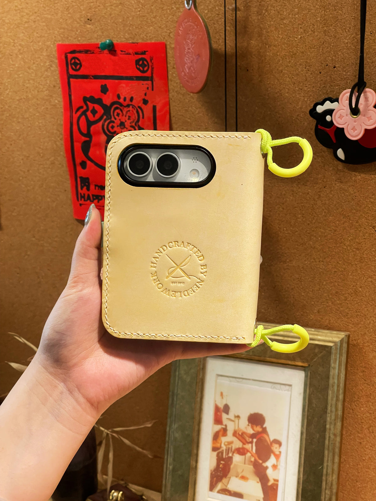 Hand-Stitched Italian Leather Wallet for iPhone Duo, Mint Green and Yellow