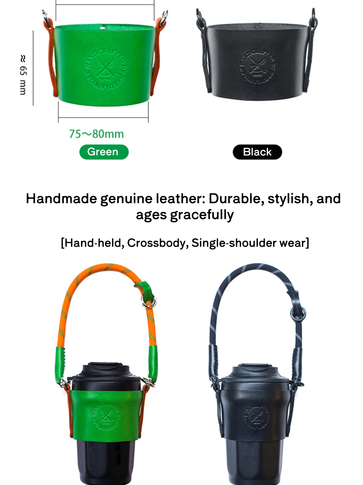 Needlework Handcrafted Cowhide Cup Sleeve - Crossbody/Handheld Protector for Travel Mugs