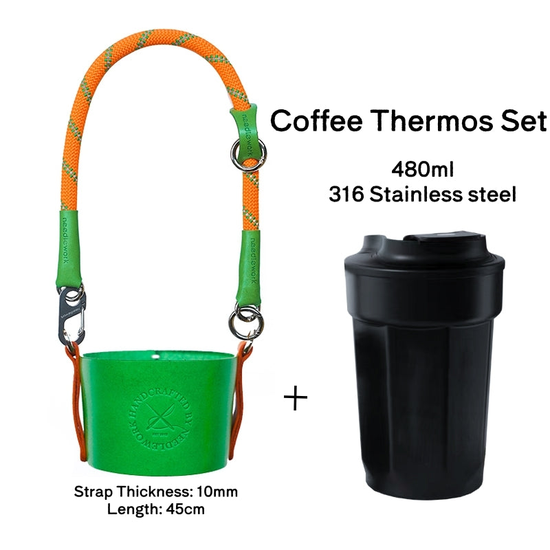 Needlework Handcrafted Cowhide Cup Sleeve - Crossbody/Handheld Protector for Travel Mugs