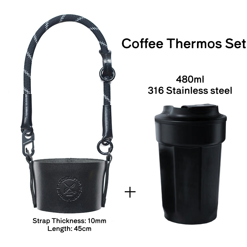 Needlework Handcrafted Cowhide Cup Sleeve - Crossbody/Handheld Protector for Travel Mugs