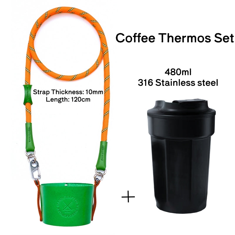 Needlework Handcrafted Cowhide Cup Sleeve - Crossbody/Handheld Protector for Travel Mugs