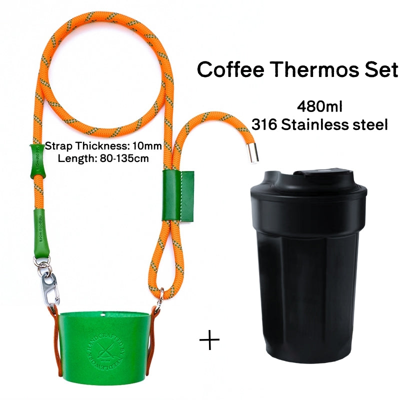 Needlework Handcrafted Cowhide Cup Sleeve - Crossbody/Handheld Protector for Travel Mugs