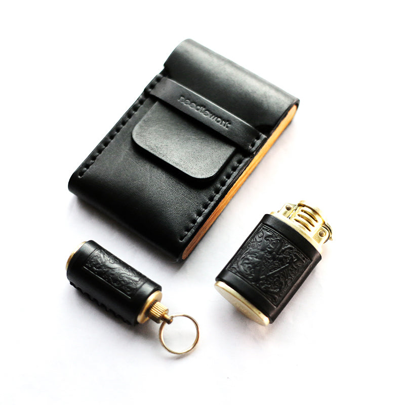 NEEDLEWORK Retro Leather Cigarette cases &Oil bottle lighter set