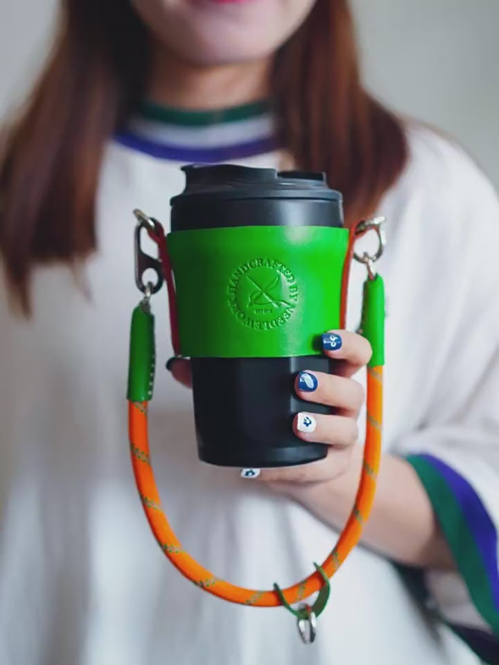 Needlework Handcrafted Cowhide Cup Sleeve - Crossbody/Handheld Protector for Travel Mugs