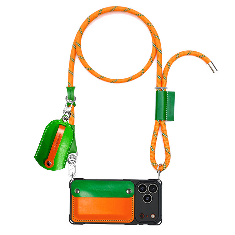 Stylish Kit! Needlework Vibrant Orange iPhone 17 Series Cowhide Wallet Phone Case Set