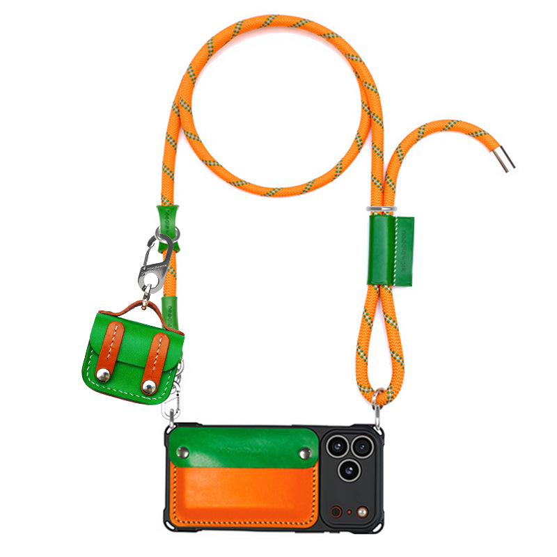 Stylish Kit! Needlework Vibrant Orange iPhone 17 Series Cowhide Wallet Phone Case Set