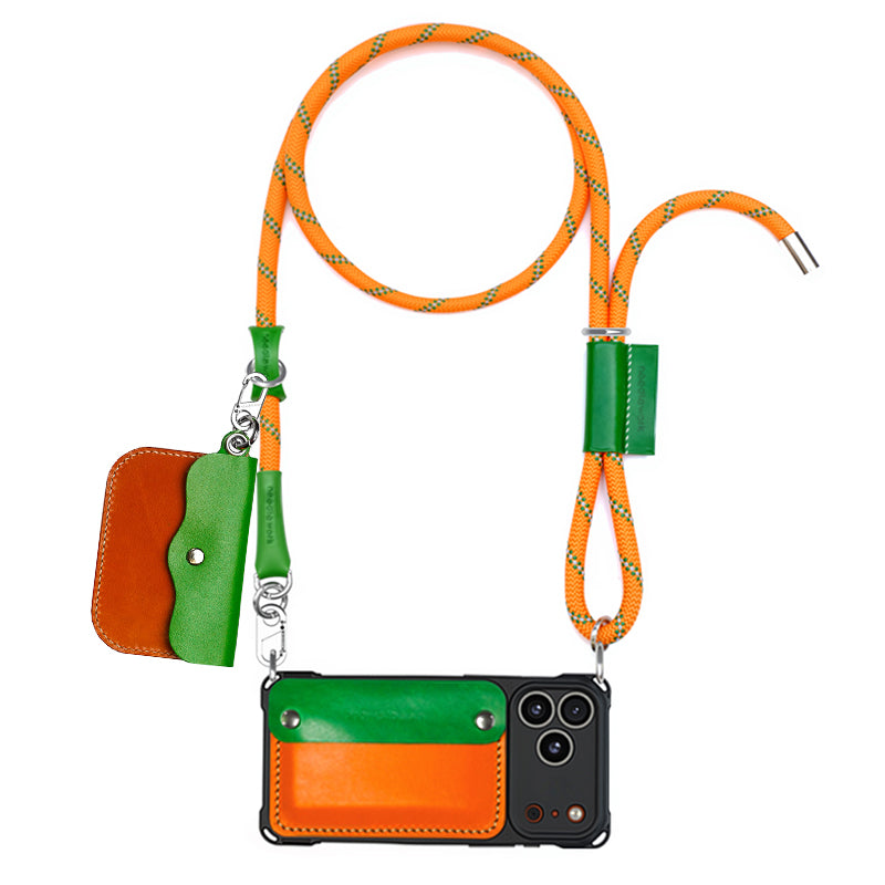 Stylish Kit! Needlework Vibrant Orange iPhone 17 Series Cowhide Wallet Phone Case Set