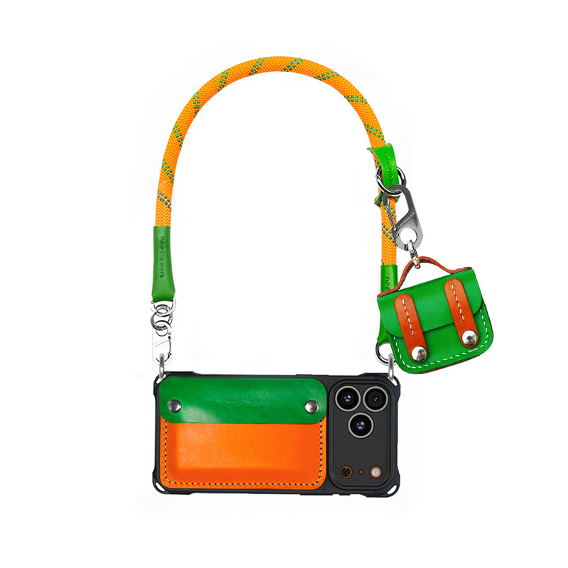 Stylish Kit! Needlework Vibrant Orange iPhone 17 Series Cowhide Wallet Phone Case Set