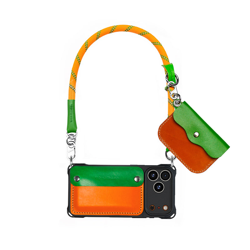 Stylish Kit! Needlework Vibrant Orange iPhone 17 Series Cowhide Wallet Phone Case Set