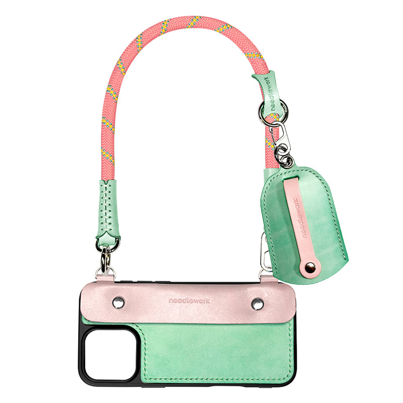 Stylish Kit! Needlework Mint-Pink Tonal iPhone 11-16 Series Wallet Phone Case Set