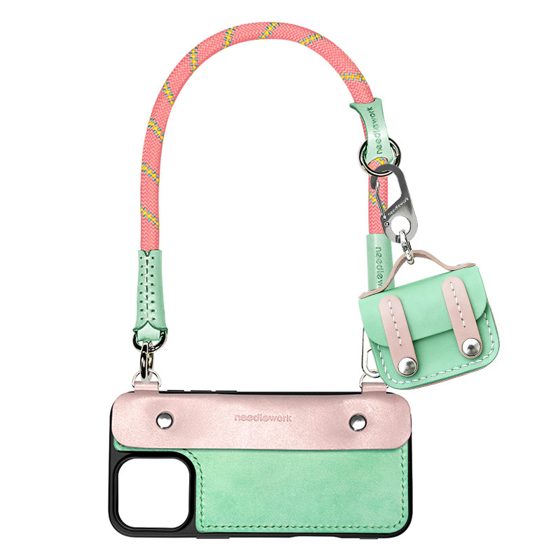 Stylish Kit! Needlework Mint-Pink Tonal iPhone 11-16 Series Wallet Phone Case Set