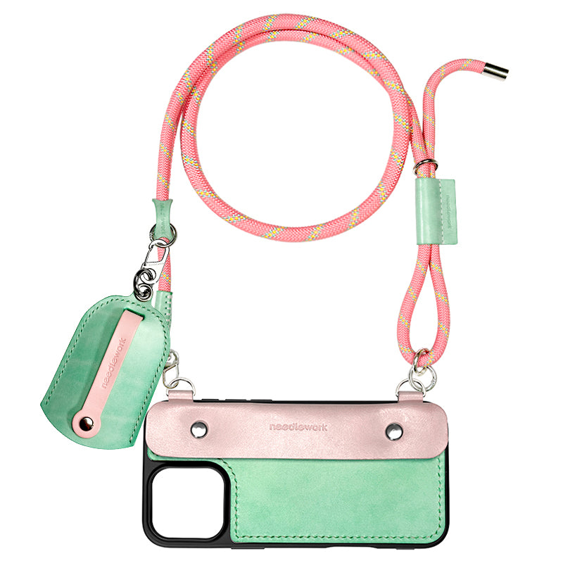 Stylish Kit! Needlework Mint-Pink Tonal iPhone 11-16 Series Wallet Phone Case Set