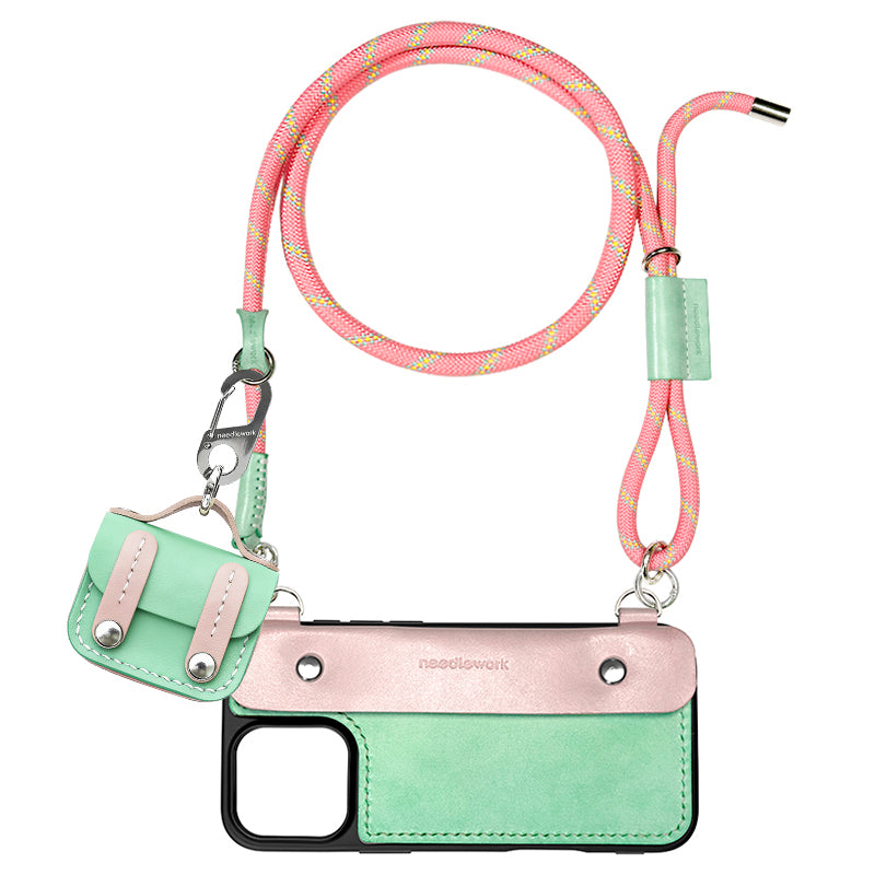 Stylish Kit! Needlework Mint-Pink Tonal iPhone 11-16 Series Wallet Phone Case Set